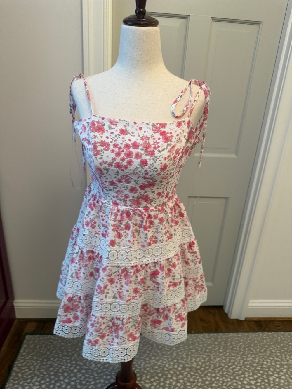 Altar'd State Pink Floral Tie-Strap Tiered Dress